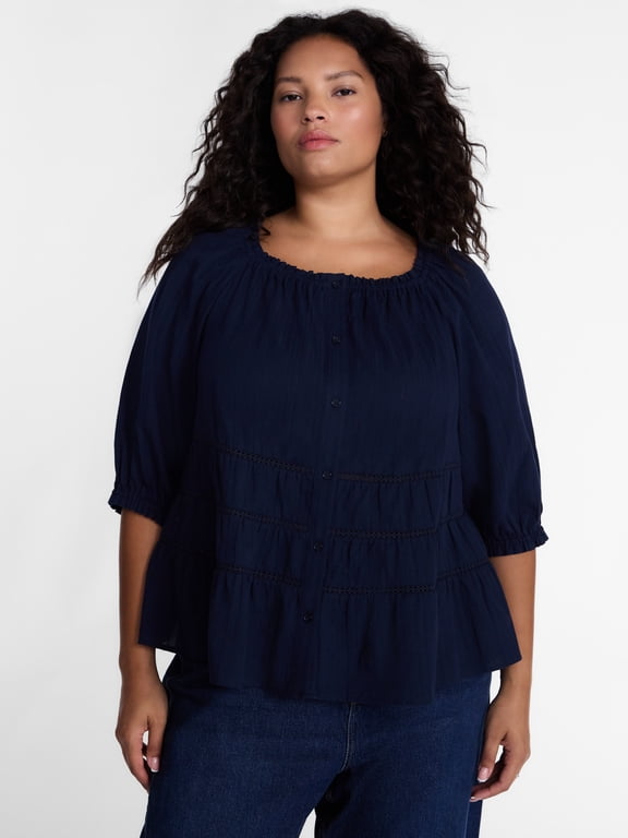 Women's Plus Button Front Swing Top with Elbow Length Sleeves, Sizes 0X-5X