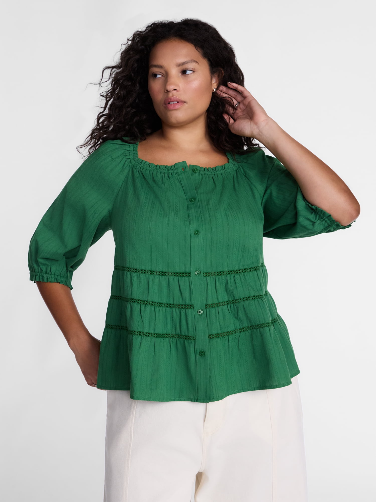 Terra & Sky Women's Plus Eyelet Trim Swing Top with Elbow Length Sleeves, Sizes 0X-5X