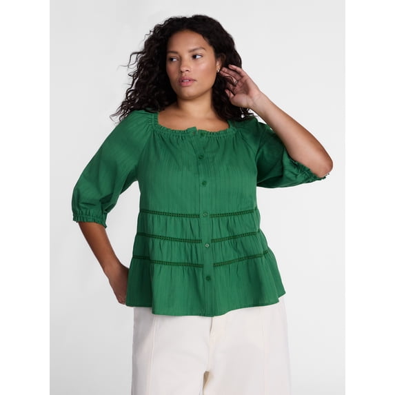 Terra & Sky Women's Plus Eyelet Trim Swing Top with Elbow Length Sleeves, Sizes 0X-5X