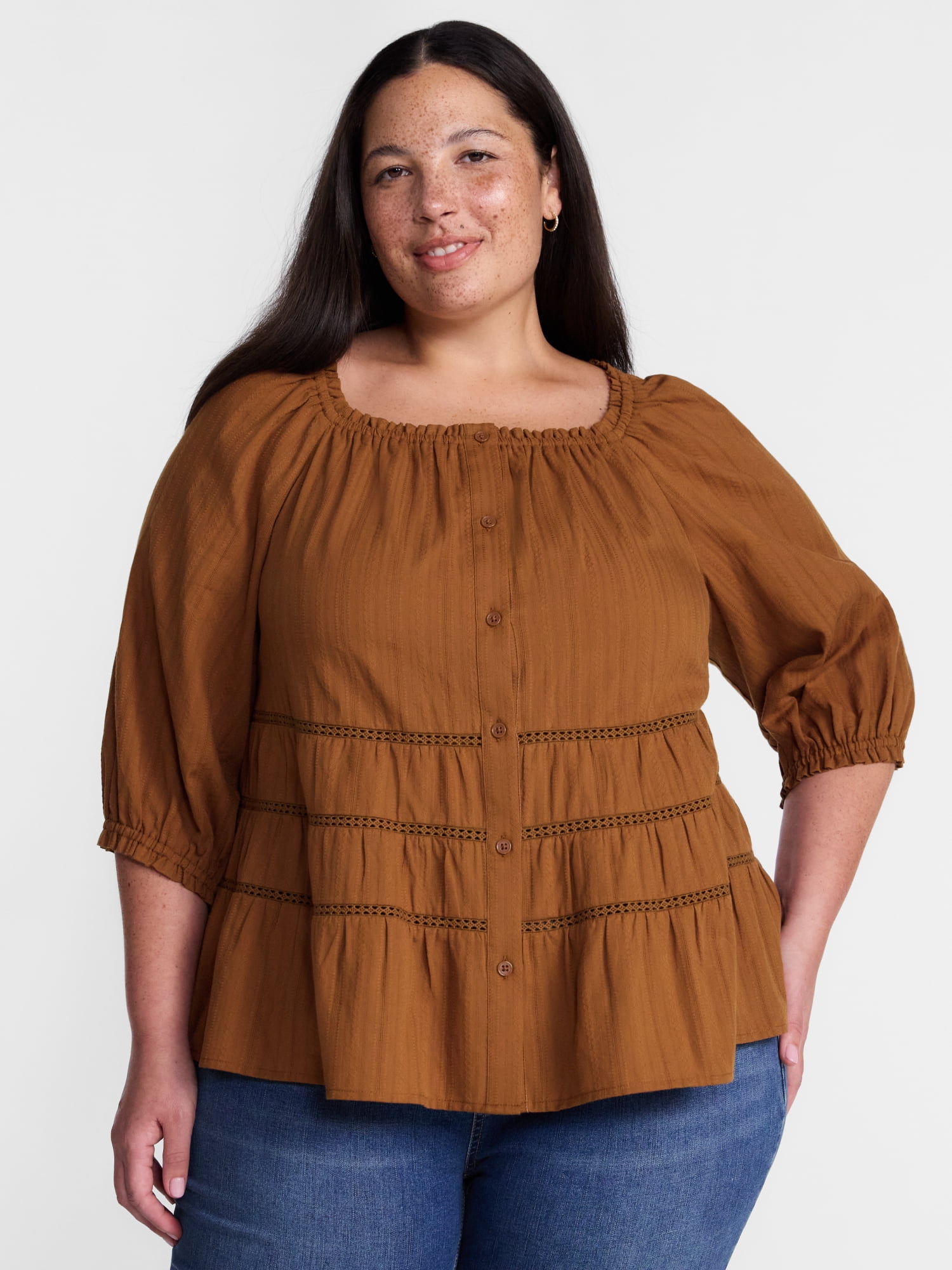 Terra & Sky Women's Plus Eyelet Trim Swing Top with Elbow Length Sleeves, Sizes 0X-5X