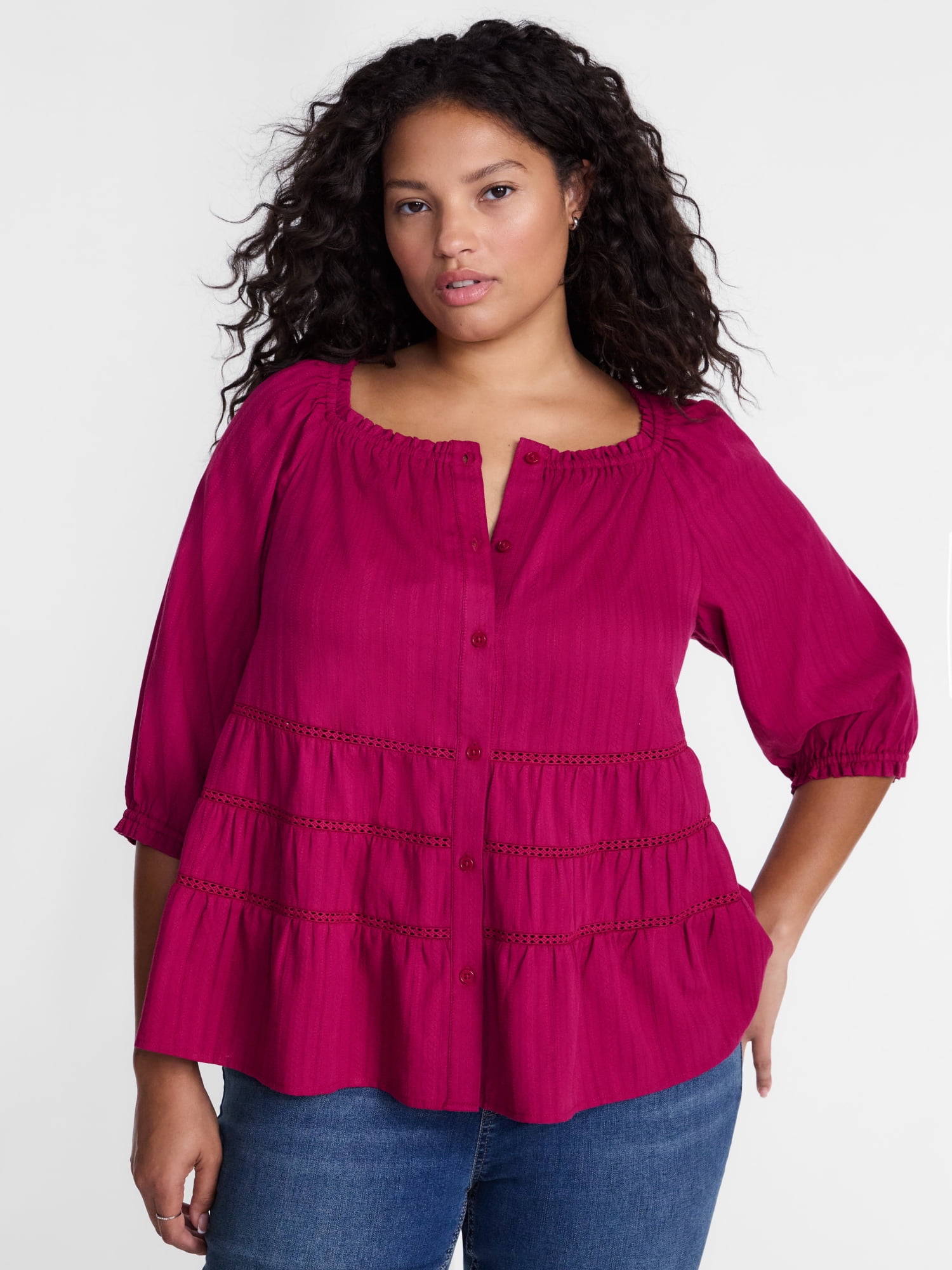 Terra & Sky Women's Plus Eyelet Trim Swing Top with Elbow Length Sleeves, Sizes 0X-5X