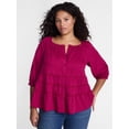 thumbnail image 1 of Terra & Sky Women's Plus Eyelet Trim Swing Top with Elbow Length Sleeves, Sizes 0X-5X, 1 of 5