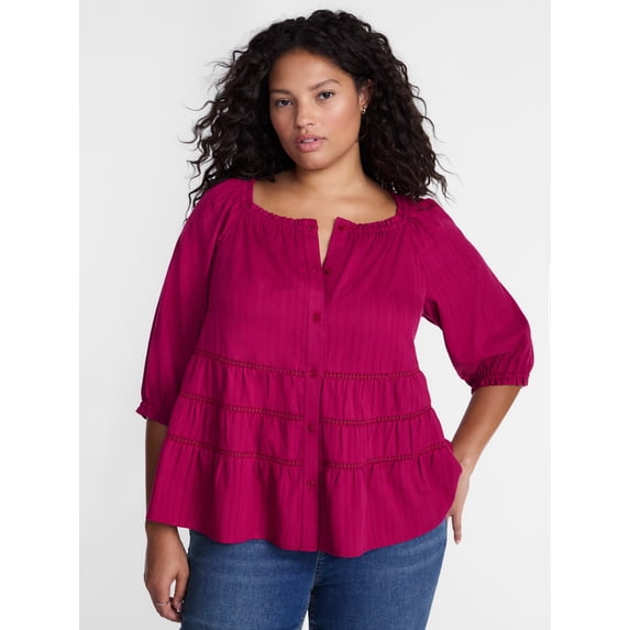 Terra & Sky Women's Plus Eyelet Trim Swing Top with Elbow Length Sleeves, Sizes 0X-5X