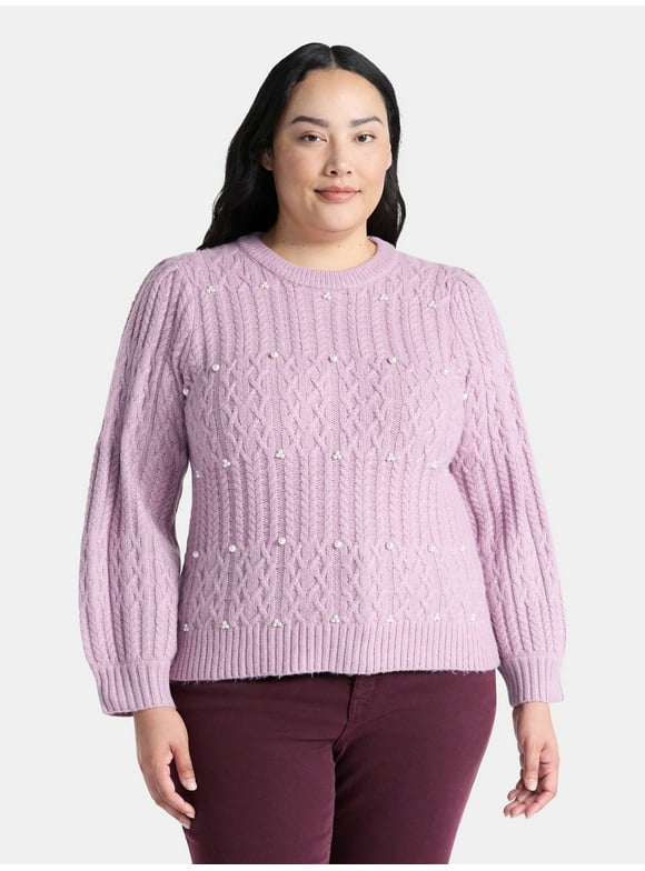 Women’s Plus Cable Knit Sweater with Faux Pearls, Lightweight, Sizes 0X-5X