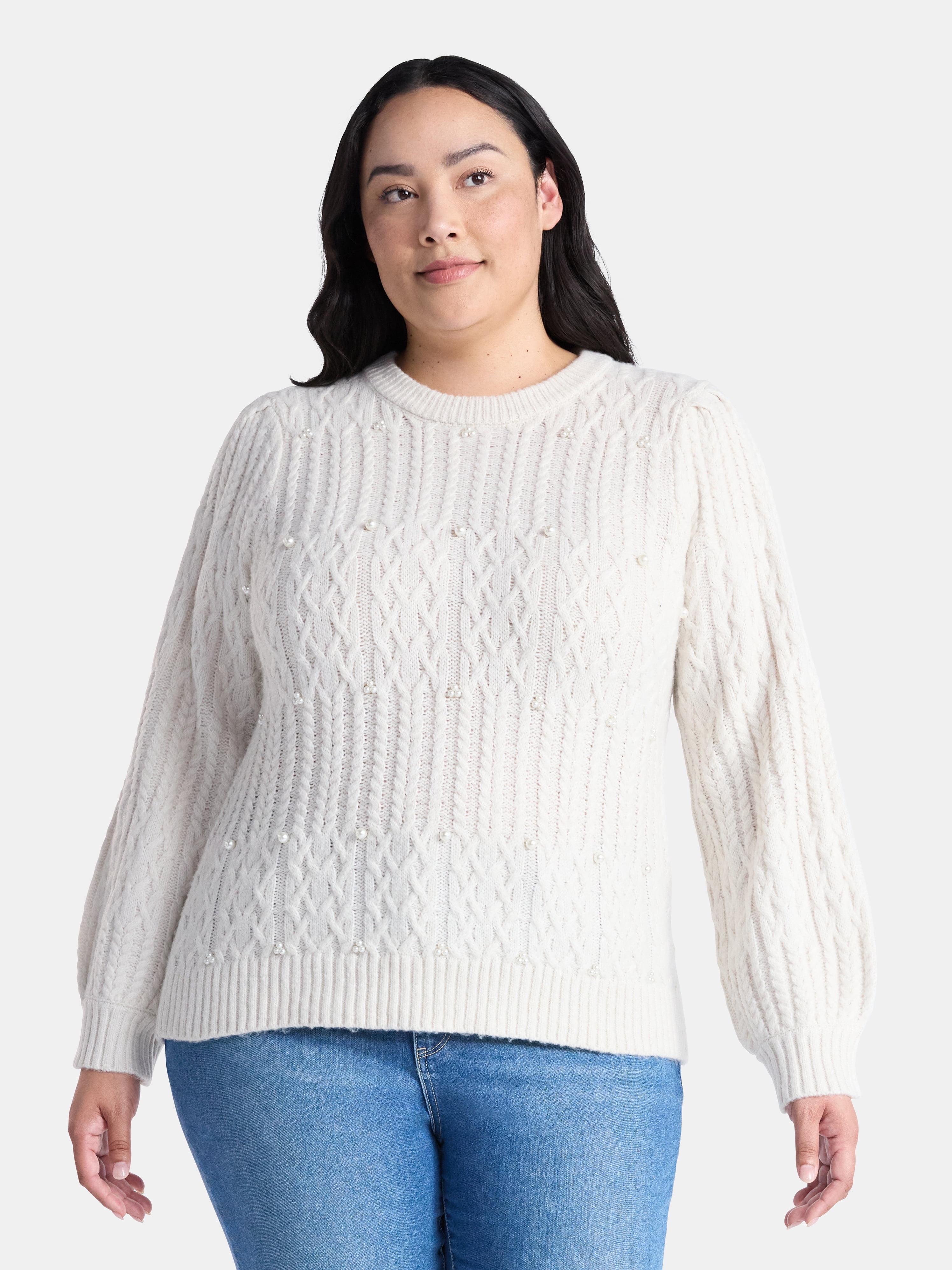Terra & Sky Women’s Plus Cable Knit Sweater with Faux Pearls, Lightweight, Sizes 0X-5X