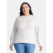 Terra & Sky Women’s Plus Cable Knit Sweater with Faux Pearls, Lightweight, Sizes 0X-5X