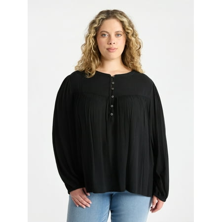 Terra & Sky Women’s Plus Peasant Blouse with Long Sleeves, Sizes 0X-5X