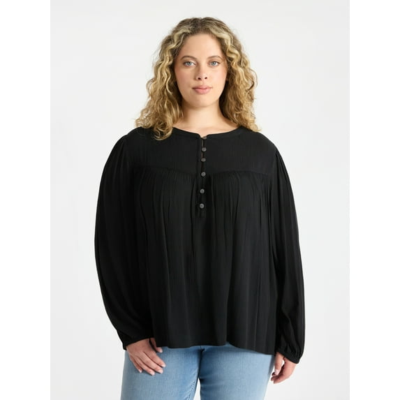 Terra & Sky Women’s Plus Peasant Blouse with Long Sleeves, Sizes 0X-5X