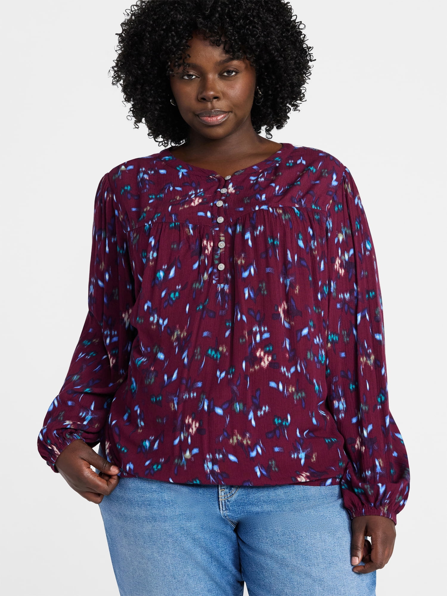 Terra & Sky Women’s Plus Peasant Blouse with Long Sleeves, Sizes 0X-5X