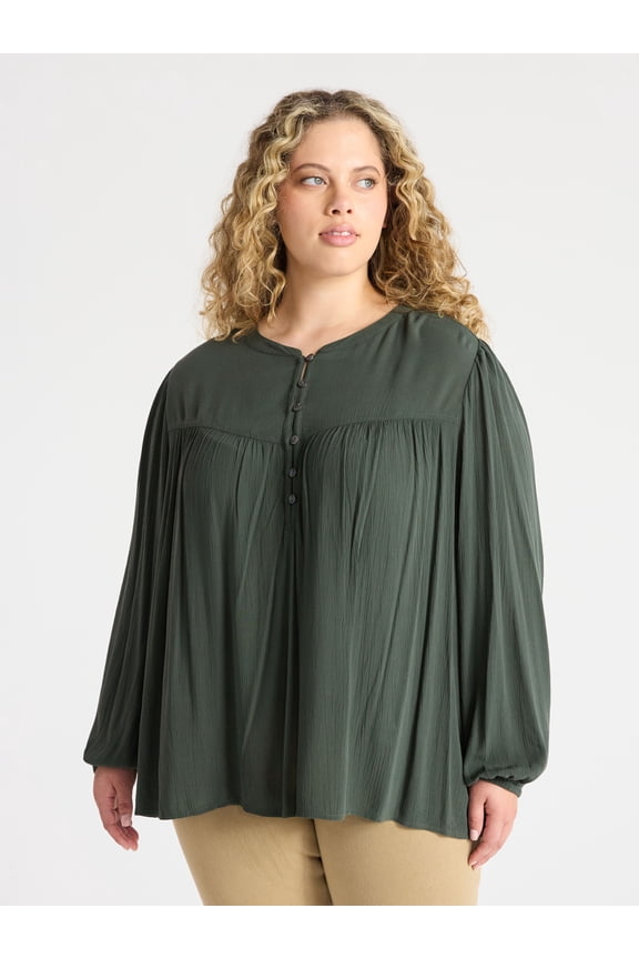 Women’s Plus Peasant Blouse with Long Sleeves, Sizes 0X-5X