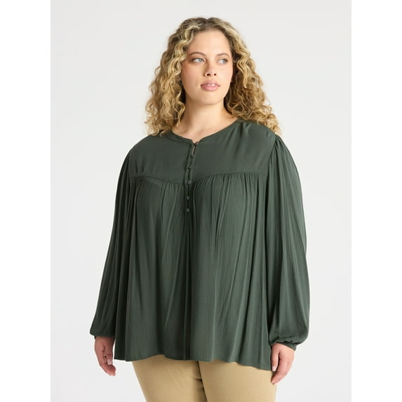 Terra & Sky Women's Plus Long Sleeve Peasant Blouse, Size 0X - 5X