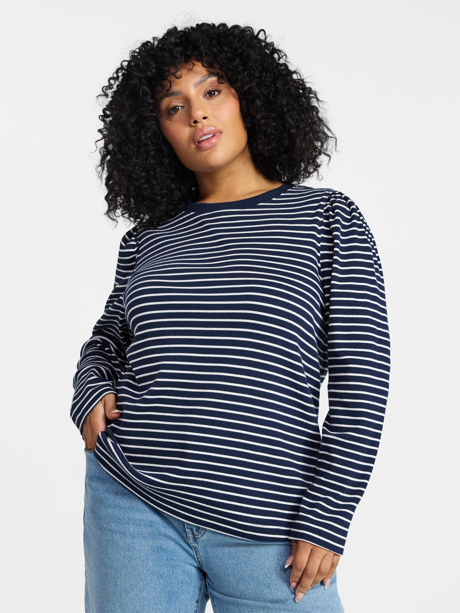 Terra & Sky Women's Plus Puff Long Sleeve Crewneck Top, Sizes 0X-5X
