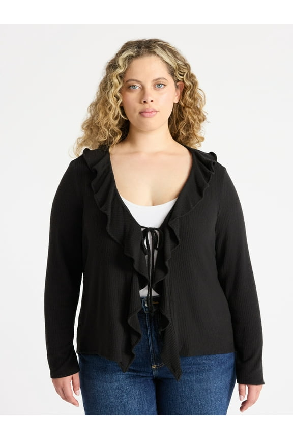 Women’s Plus Tie Front Ruffle Cardigan Sweater, Sizes 0X-5X