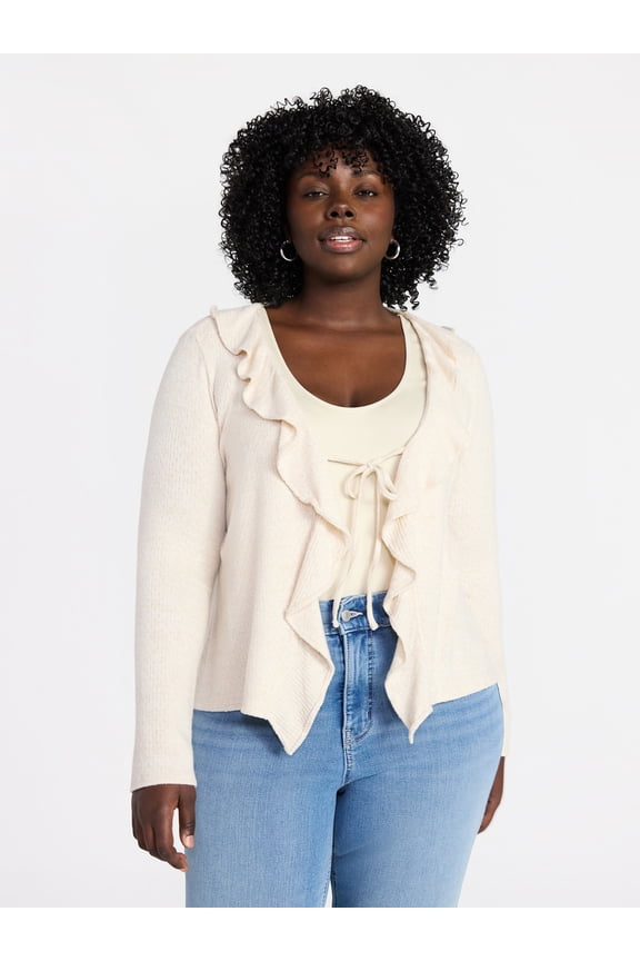 Women’s Plus Tie Front Ruffle Cardigan Sweater, Sizes 0X-5X