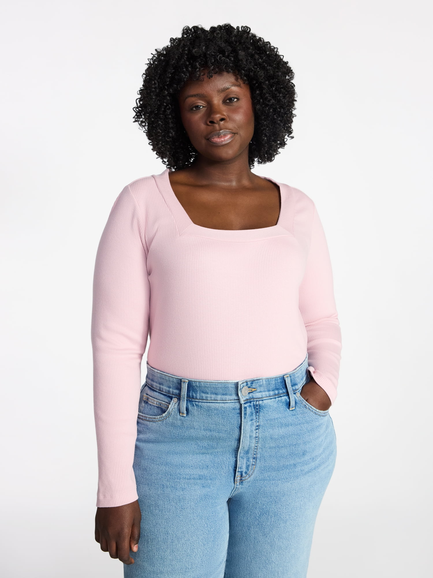 Terra & Sky Women's Plus Size Long Sleeve Square Neck Rib Top, Sizes 0X-5X