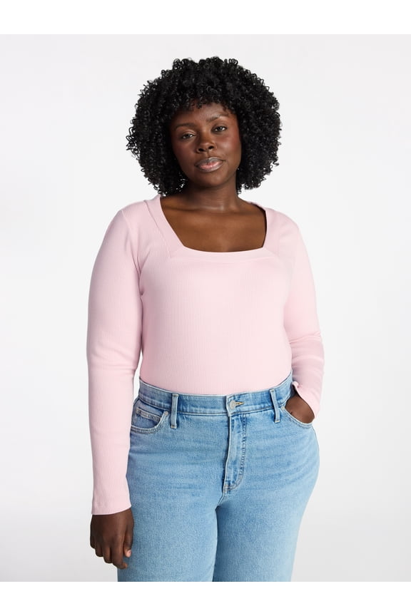Women's Plus Size Long Sleeve Square Neck Rib Top, Sizes 0X-5X