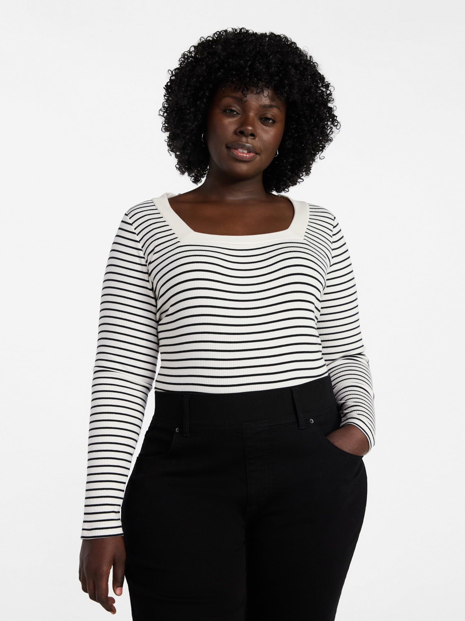 Terra & Sky Women's Plus Size Long Sleeve Square Neck Rib Top, Sizes 0X-5X