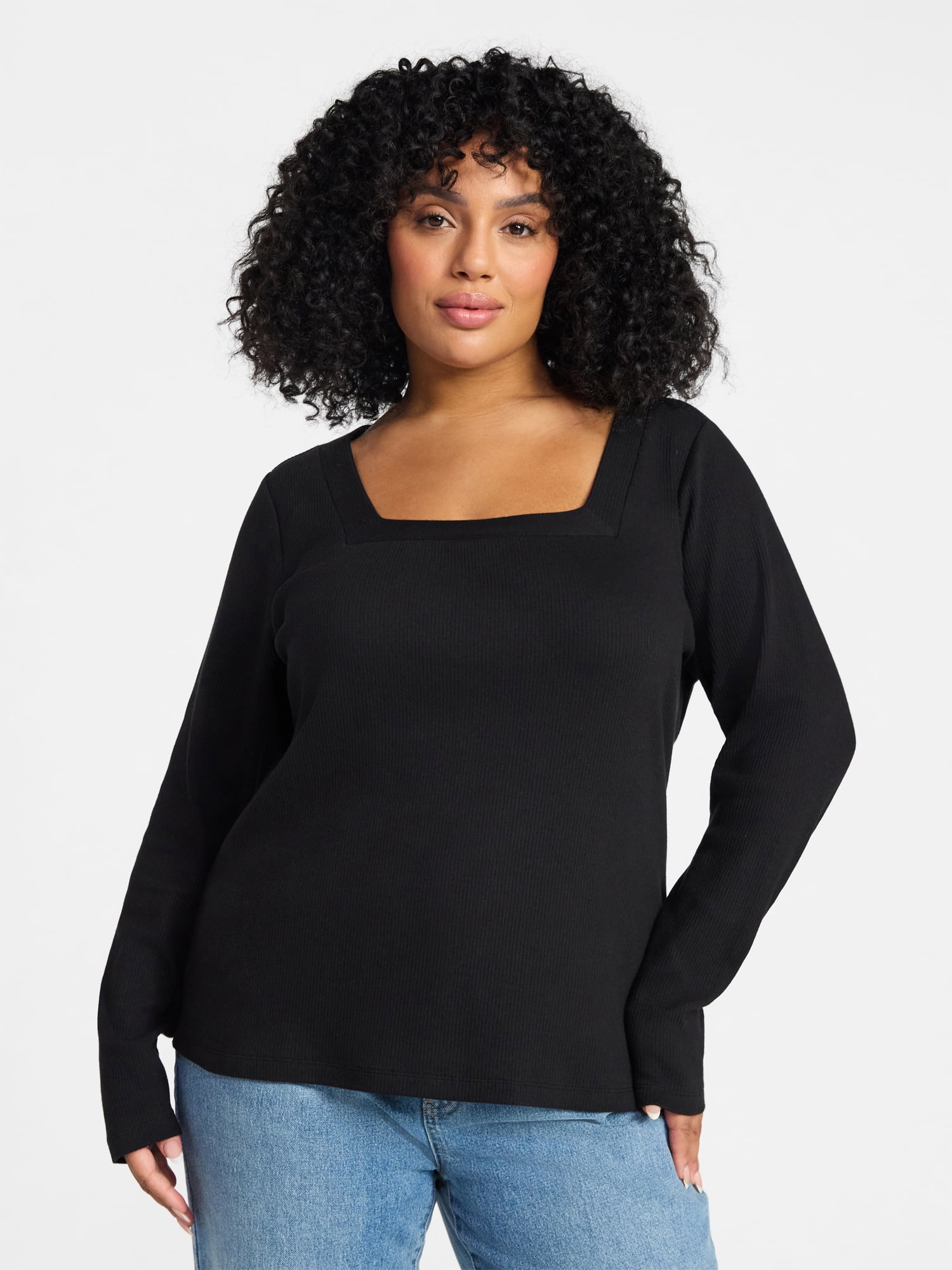 Terra & Sky Women's Plus Size Long Sleeve Square Neck Rib Top, Sizes 0X-5X