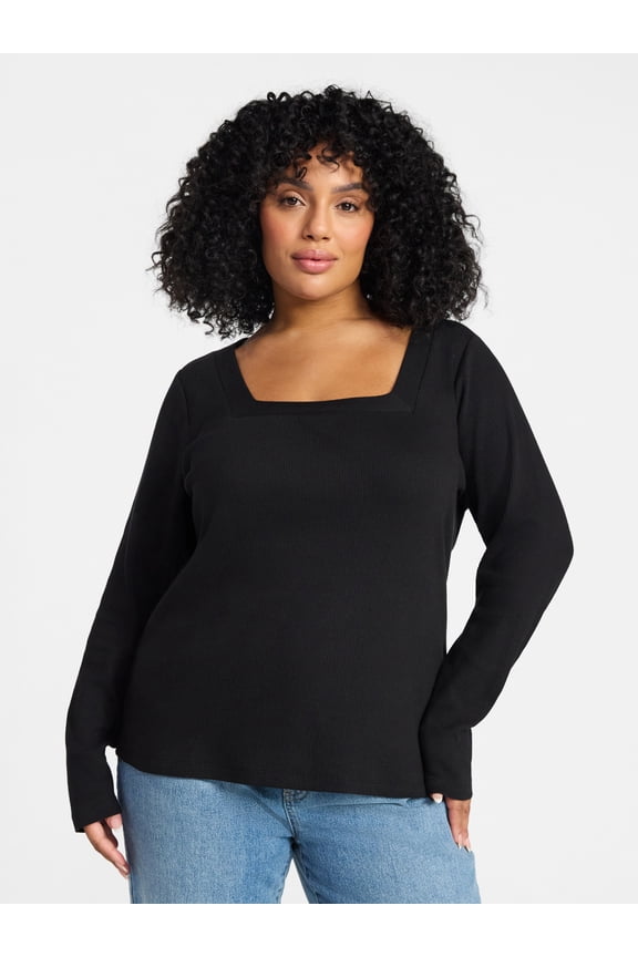 Women's Plus Size Long Sleeve Square Neck Rib Top, Sizes 0X-5X