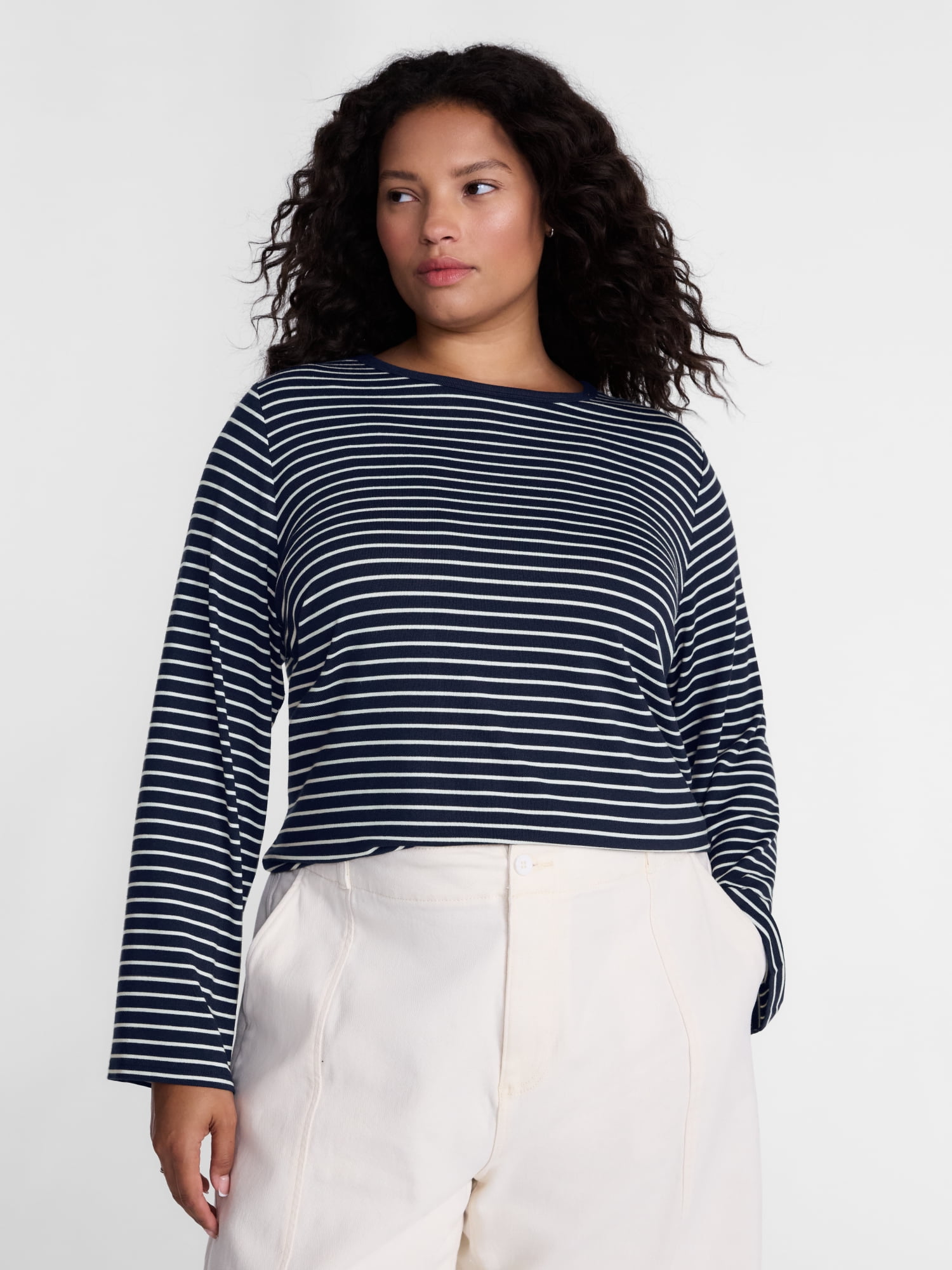 Terra & Sky Women's Plus Striped Tee with Long Sleeves, Sizes 0X-5X