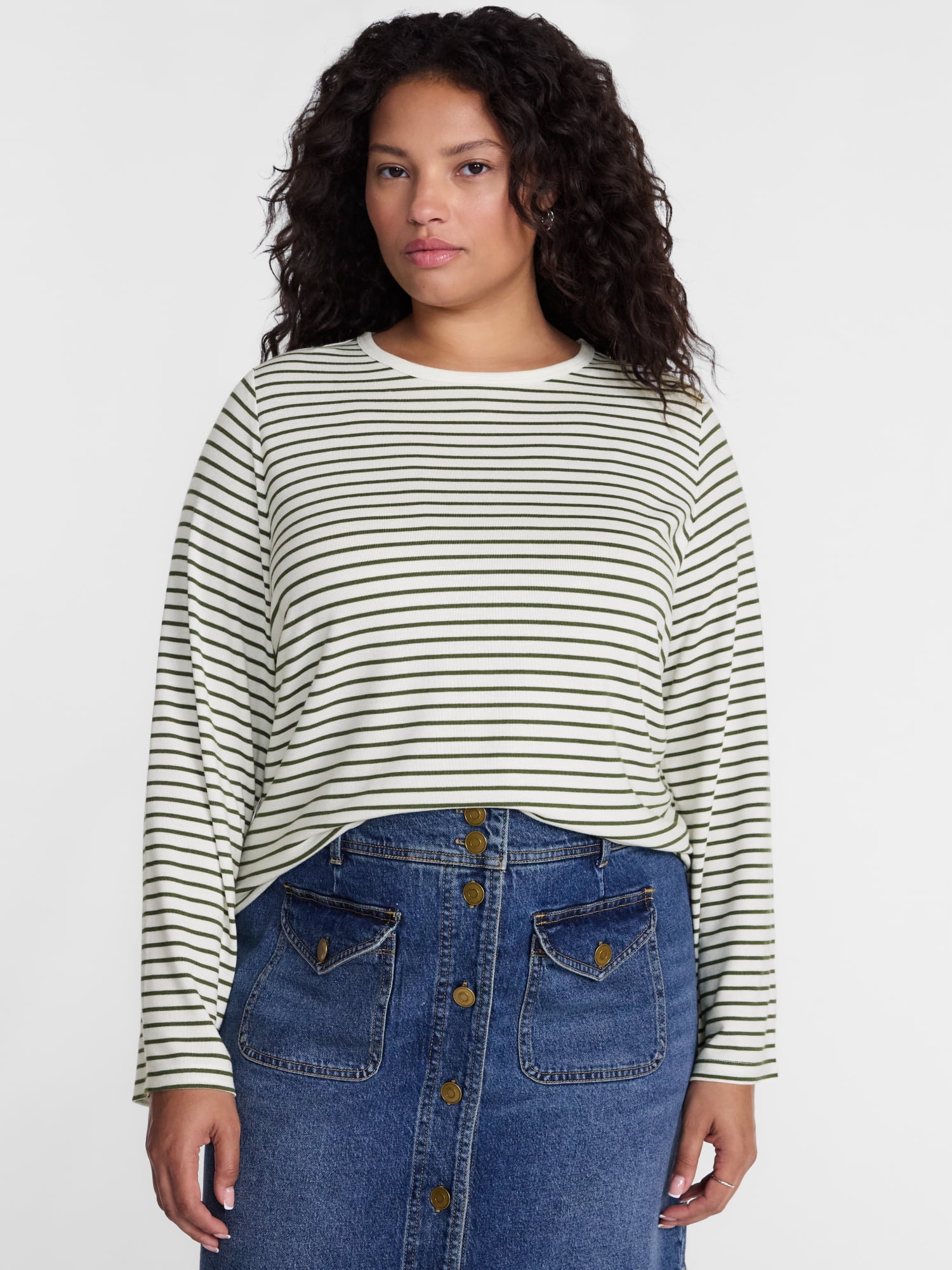 Terra & Sky Women's Plus Striped Tee with Long Sleeves, Sizes 0X-5X