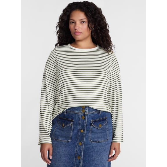 Terra & Sky Women's Plus Striped Tee with Long Sleeves, Sizes 0X-5X