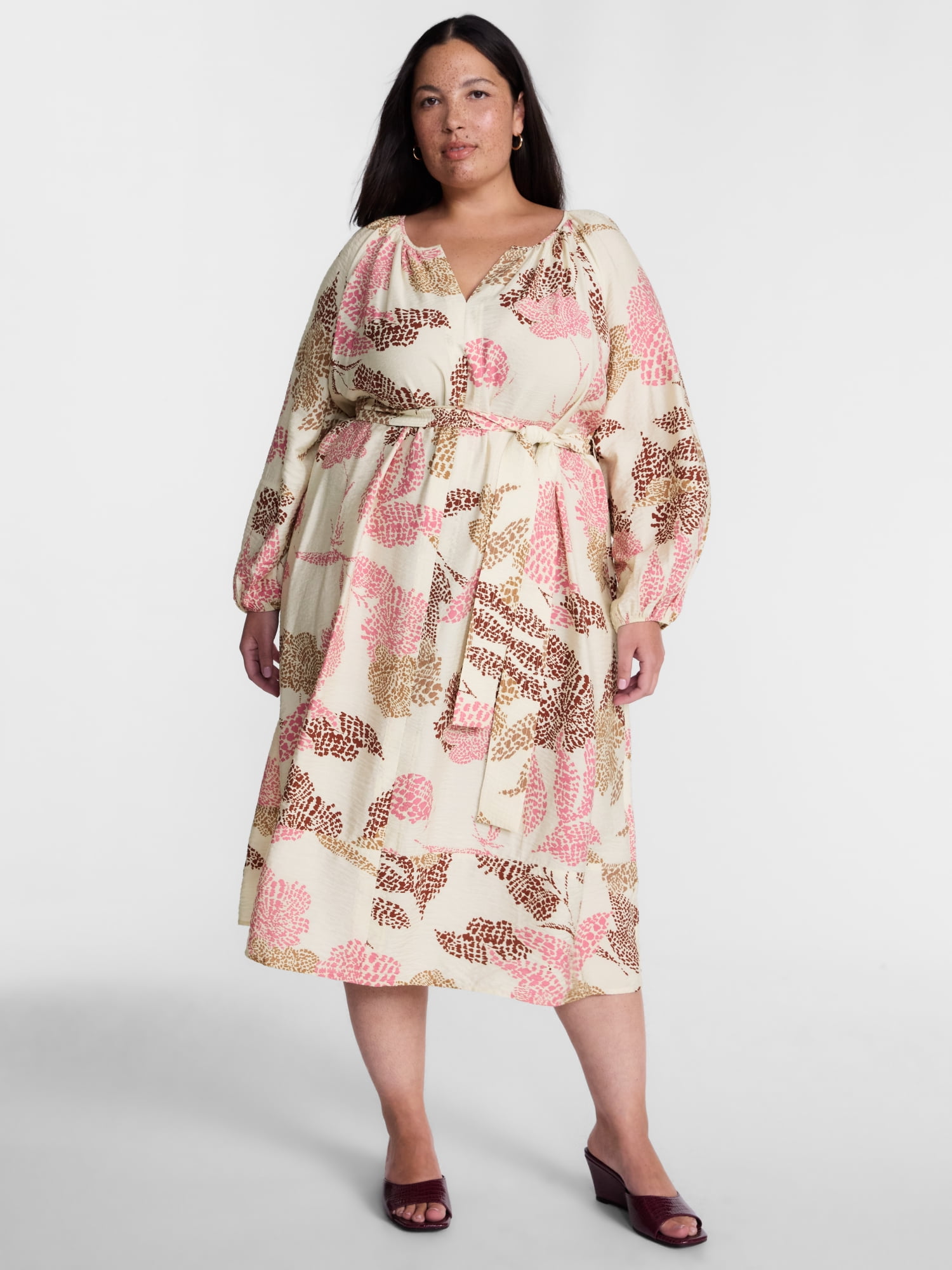 Terra & Sky Women’s Plus Tie Waist Midi Dress with Long Puff Sleeves, Sizes 0X-5X