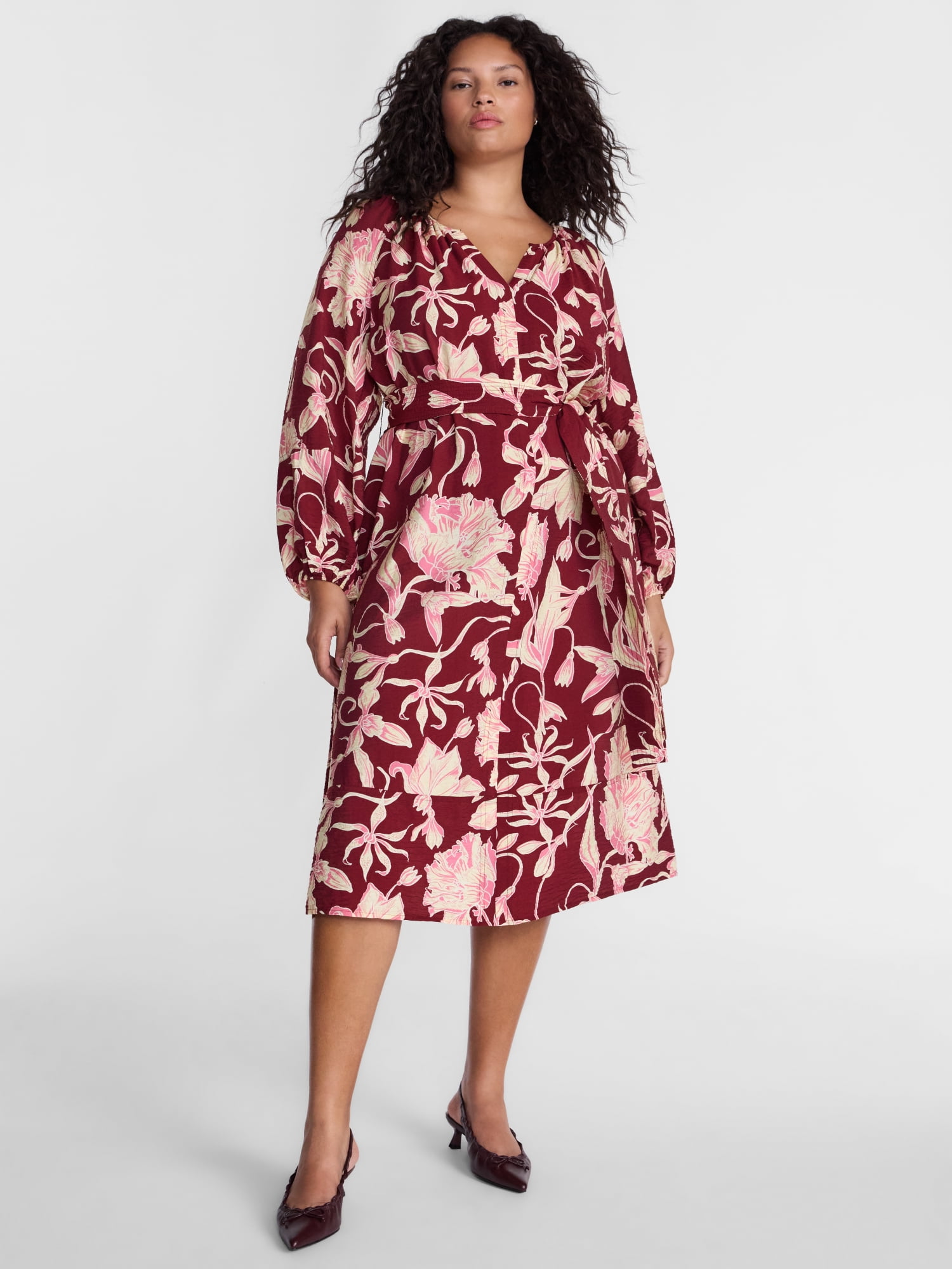 Terra & Sky Women’s Plus Tie Waist Midi Dress with Long Puff Sleeves, Sizes 0X-5X