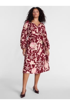 Women’s Plus Tie Waist Midi Dress with Long Puff Sleeves, Sizes 0X-5X