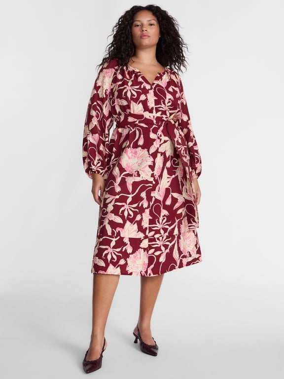 Women’s Plus Tie Waist Midi Dress with Long Puff Sleeves, Sizes 0X-5X