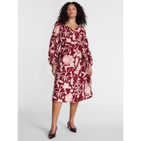 Terra & Sky Women’s Plus Tie Waist Midi Dress with Long Puff Sleeves, Sizes 0X-5X