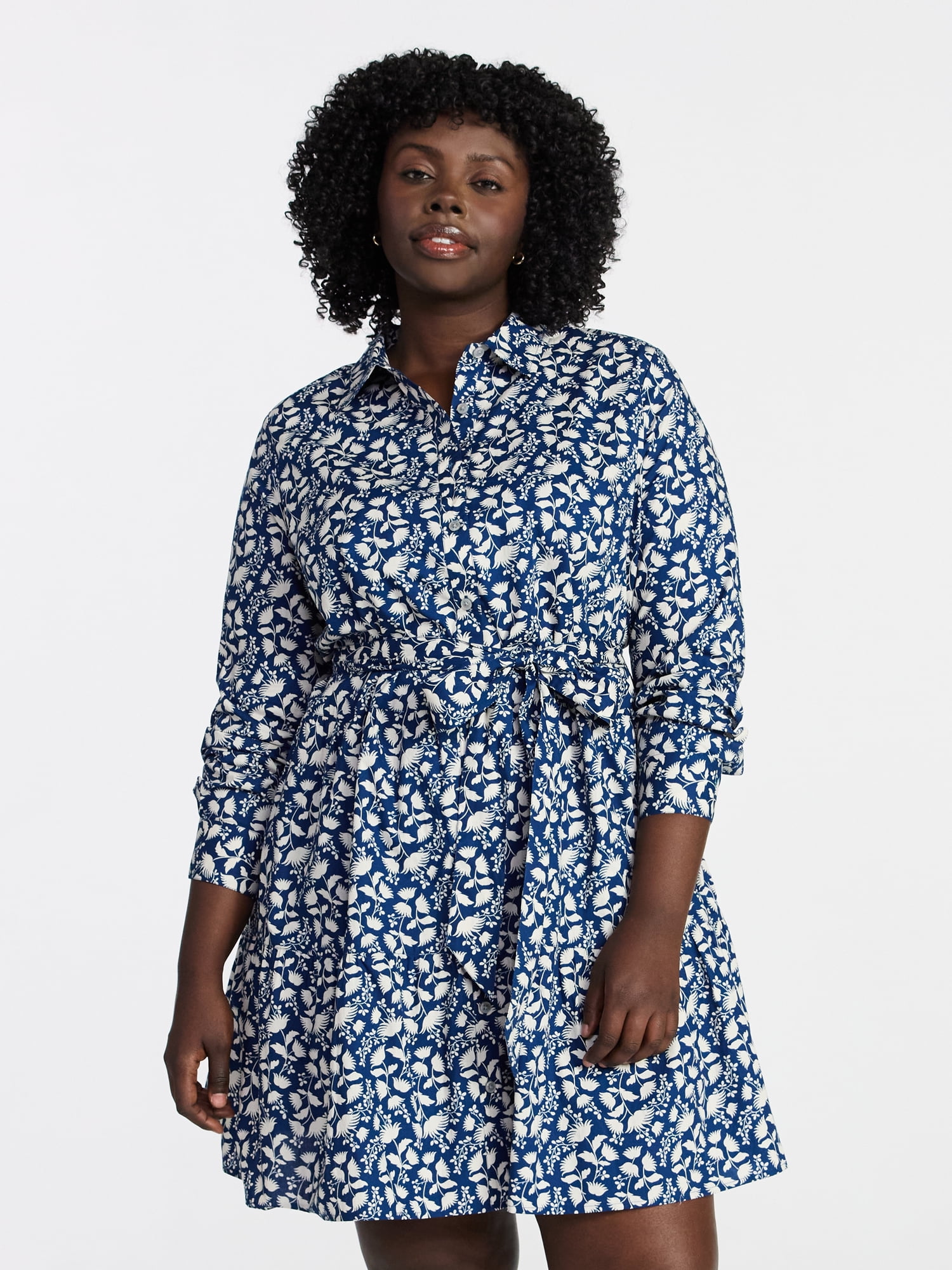 Terra & Sky Women's Plus Size Tiered Shirt Dress with Long Sleeves, Sizes 0X-5X