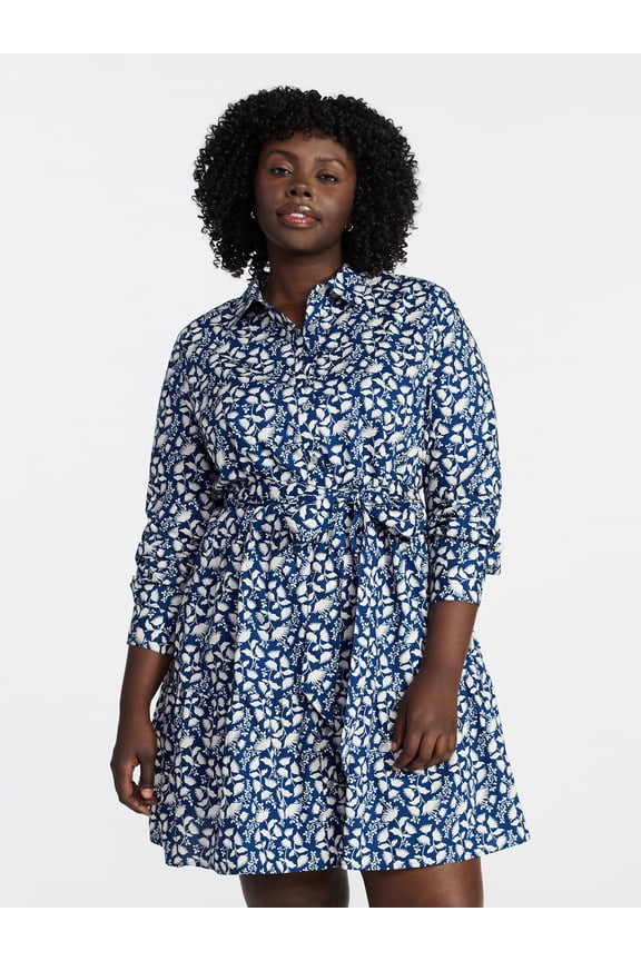 Women's Plus Size Tiered Shirt Dress with Long Sleeves, Sizes 0X-5X