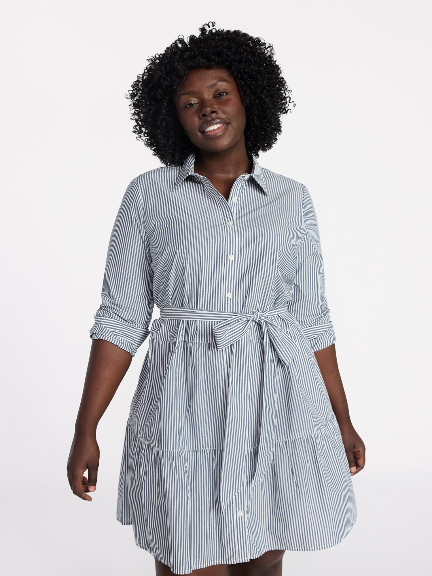 Terra & Sky Women's Plus Size Tiered Shirt Dress with Long Sleeves, Sizes 0X-5X