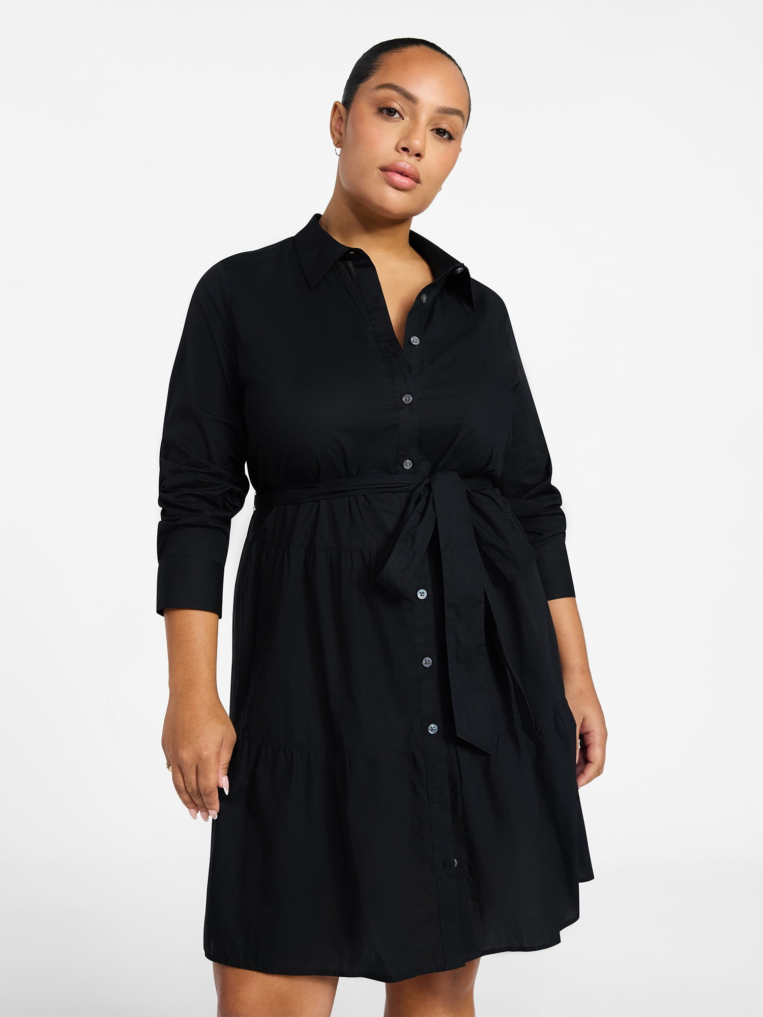 Terra & Sky Women's Plus Size Tiered Shirt Dress with Long Sleeves, Sizes 0X-5X