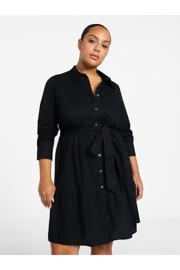 Women's Plus Size Tiered Shirt Dress with Long Sleeves, Sizes 0X-5X