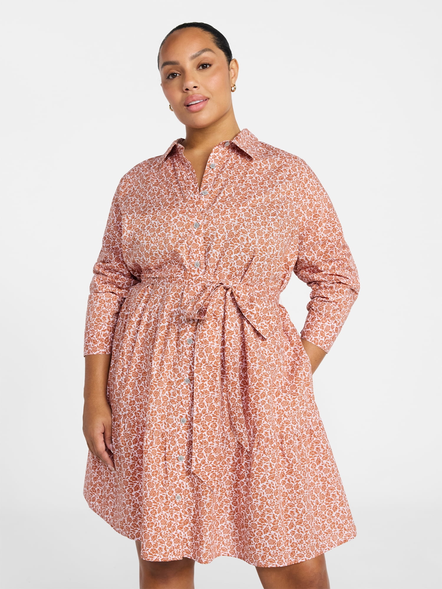 Terra & Sky Women's Plus Size Tiered Shirt Dress with Long Sleeves, Sizes 0X-5X