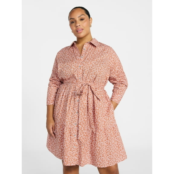 Terra & Sky Women's Plus Size Tiered Shirt Dress with Long Sleeves, Sizes 0X-5X