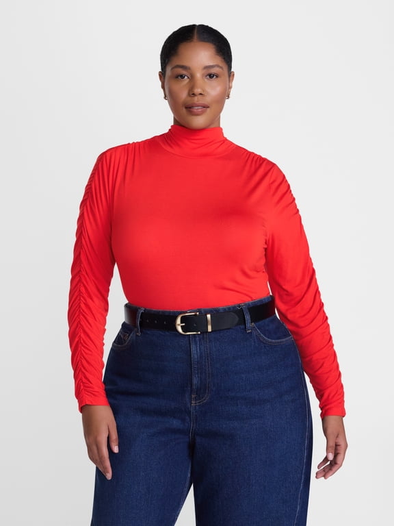 Women's Plus Turtleneck with Long Ruched Sleeves, Sizes 0X-5X