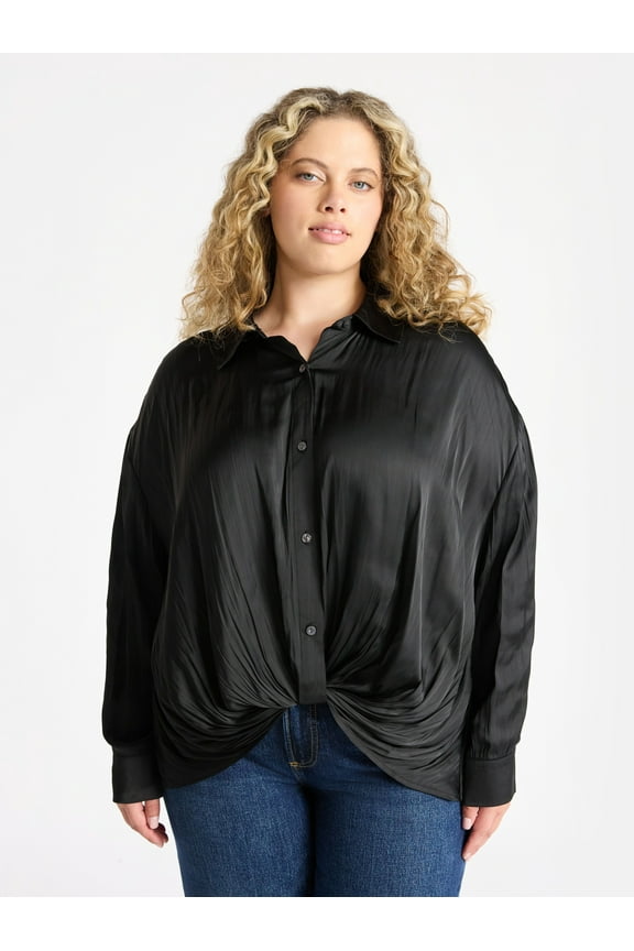 Women's Plus Twist Front Blouse with Long Sleeves, Sizes 0X-5X