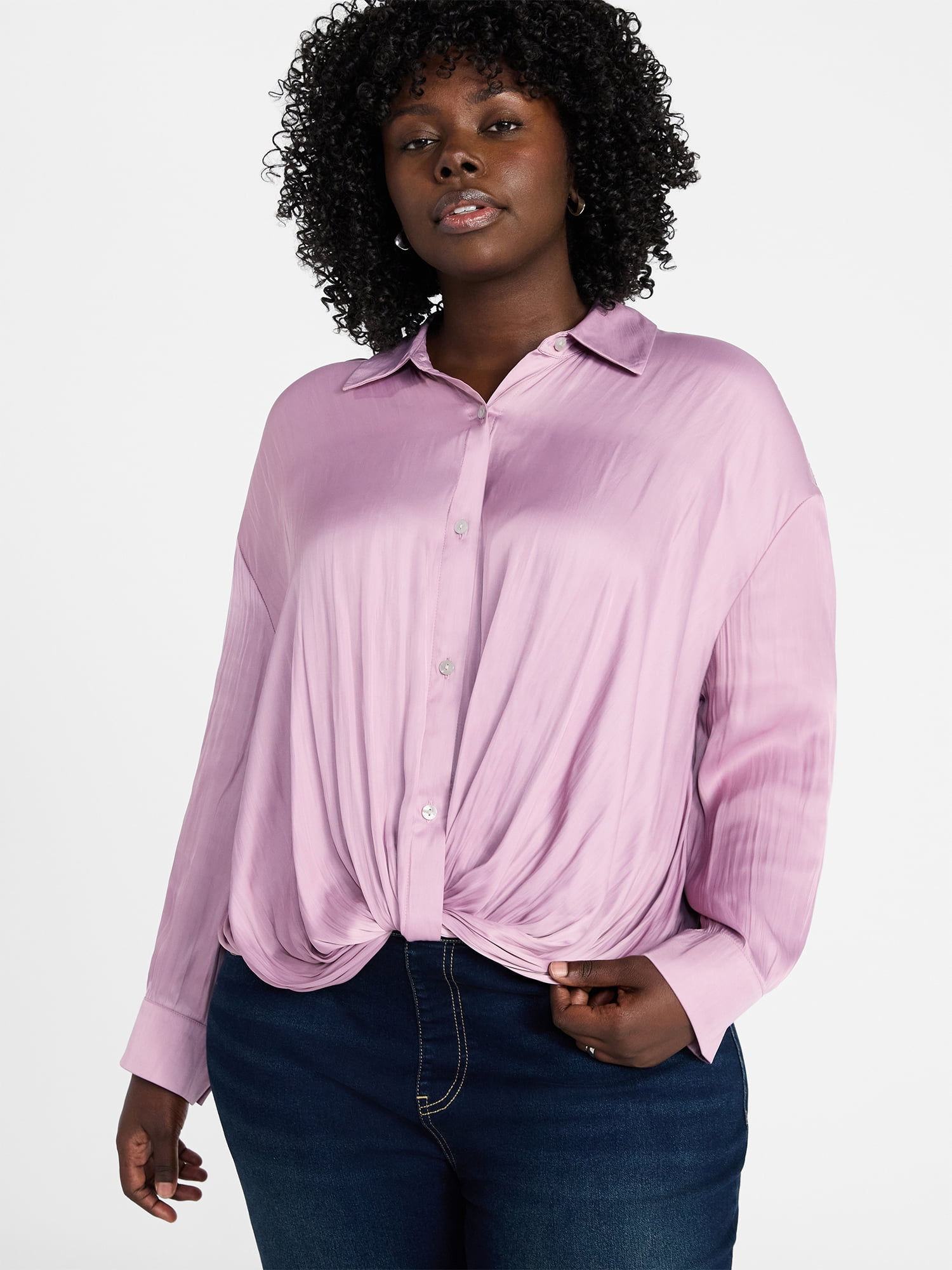 Women's Plus Twist Front Blouse with Long Sleeves, Sizes 0X-5X