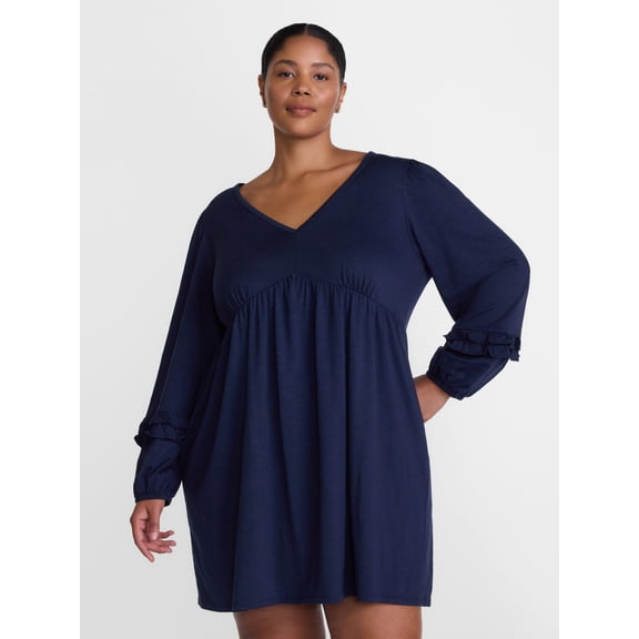 Terra & Sky V Neck Mini Dress with Long Ruffled Sleeves, Sizes 0X-4X