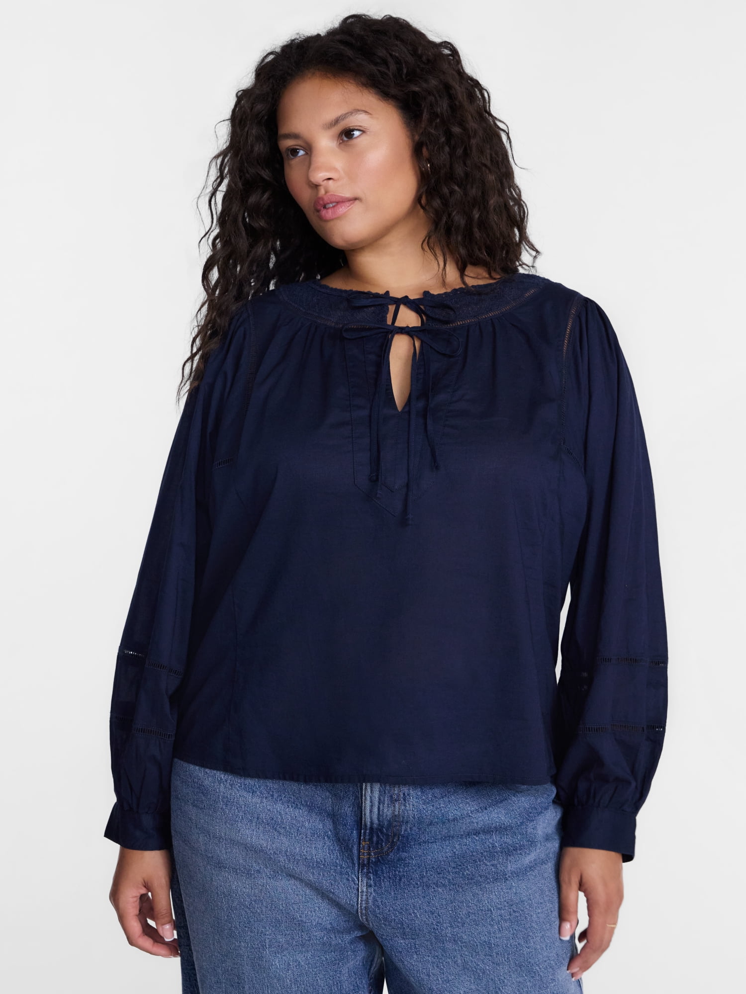 Terra & Sky Women's Plus Tie Front Geo Eyelet Cotton Blouse with Long Sleeves, Sizes 0X-5X
