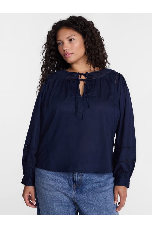 Women's Plus Tie Front Geo Eyelet Cotton Blouse with Long Sleeves, Sizes 0X-5X