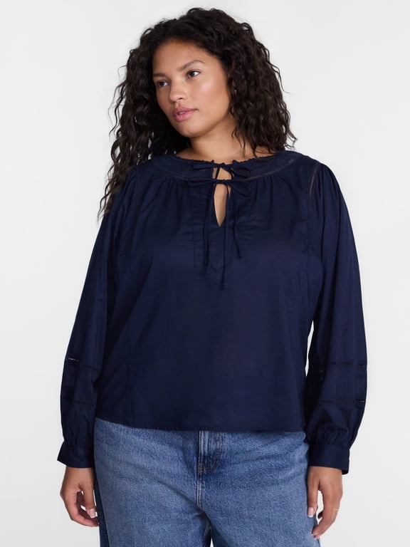 Women's Plus Tie Front Geo Eyelet Cotton Blouse with Long Sleeves, Sizes 0X-5X