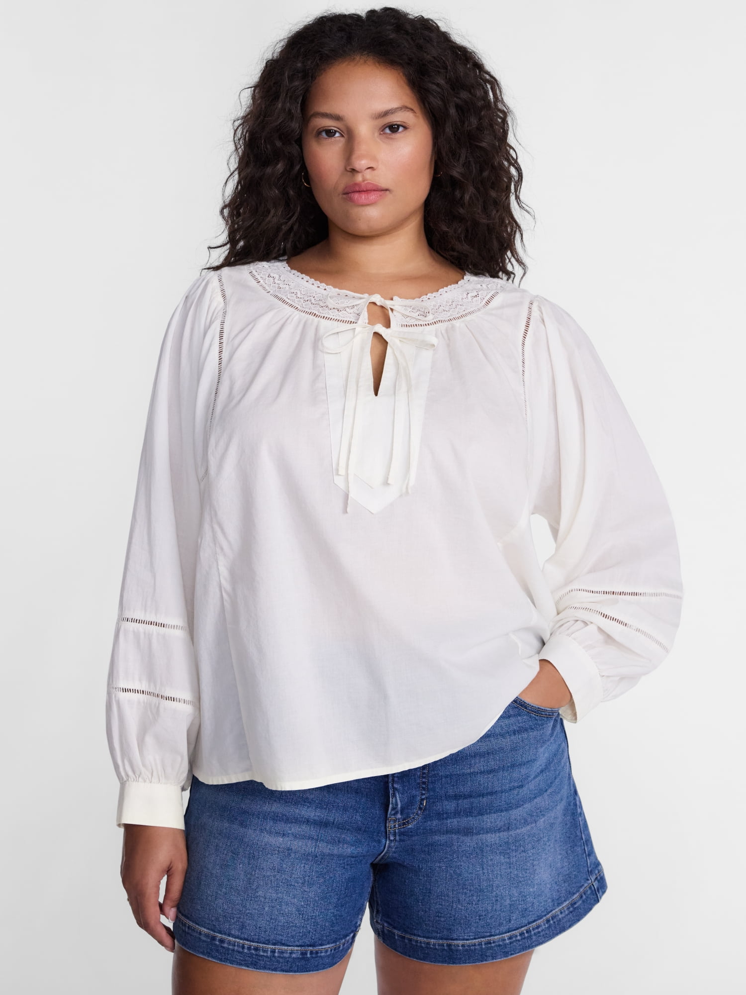 Terra & Sky Women's Plus Tie Front Geo Eyelet Cotton Blouse with Long Sleeves, Sizes 0X-5X