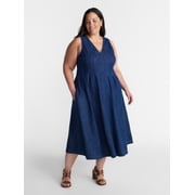 Terra & Sky Women s Plus Sleeveless Midi Fit and Flare Denim Dress, Sizes 0X-5X