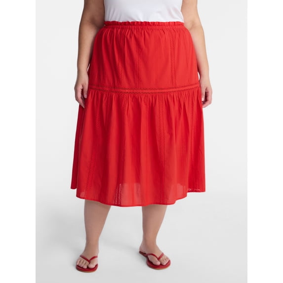 Terra & Sky Women’s Plus Cotton Geo Eyelet Midi Skirt, Sizes 0X-5X