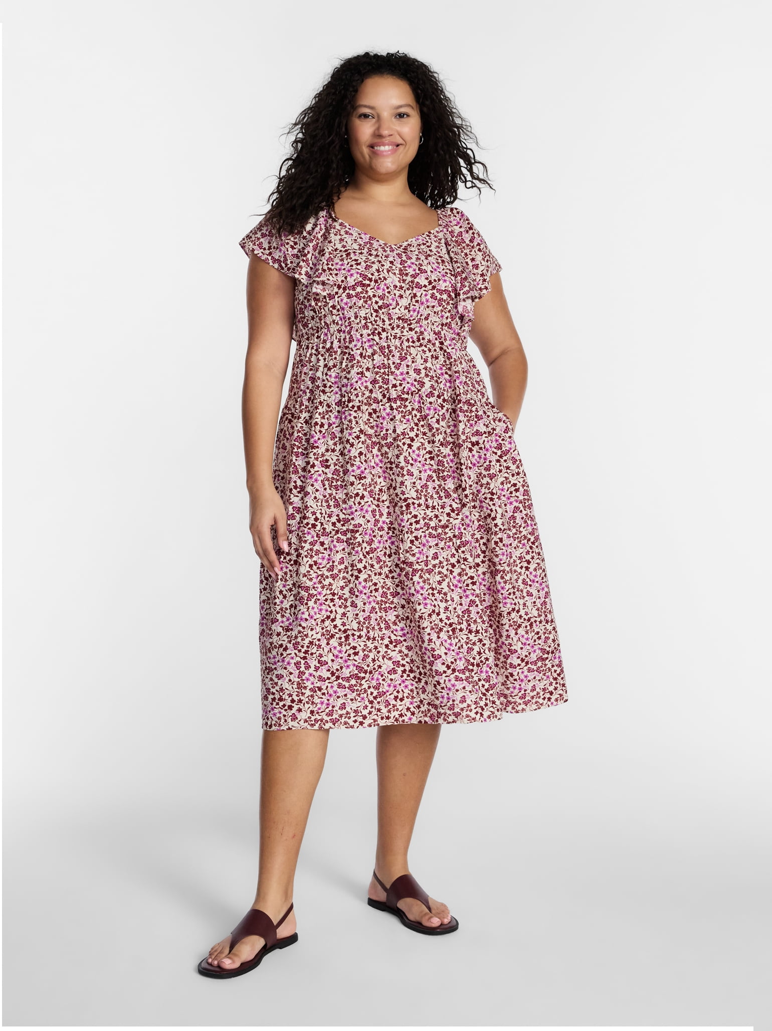 Terra & Sky Women's Plus Midi Dress with Flutter Sleeves, Sizes 0X-5X