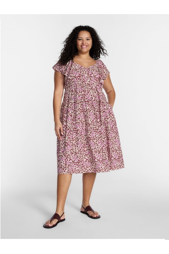 Women's Plus Midi Dress with Flutter Sleeves, Sizes 0X-5X